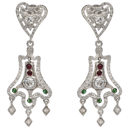 18K White Gold Estate Red and Green Glass Filig...