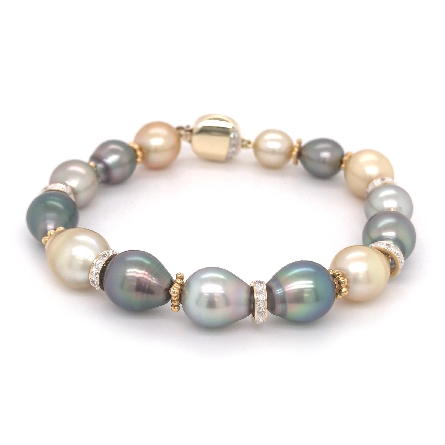 14K Yellow Gold Estate 9inch South Sea and Tahitian Pearl Bracelet w/Diams=.18apx SI H-I 21.8dwt