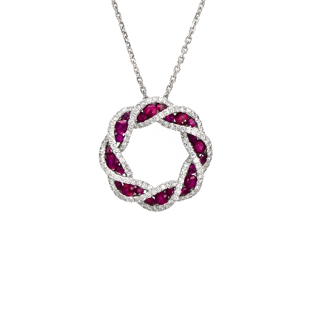 18K White Gold Estate Woven Wreath Pendant w/24Rubies=.72apx and 120Diams=.49apx VS G on 18inch 14K White Gold Chain