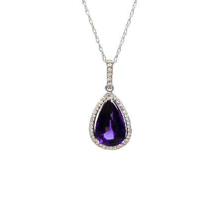 14K White Gold Estate Pear Shaped Pendant w/Amethyst=3.55ct; 38Diams=.14ctw and 9Diams=.06ctw SI H-I on 18inch Chain
