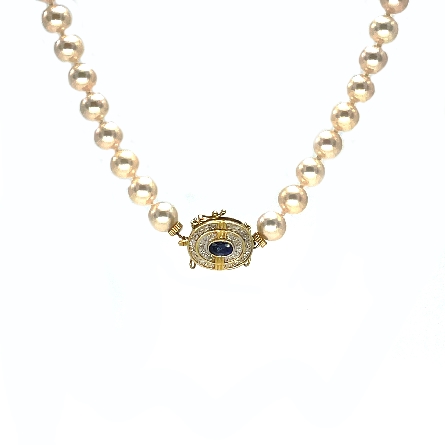 14K Yellow Gold Estate 31inch 7.5-8mm Cultured Pearl Necklace w/1Sapphire and 30Diamonds=.15apx I2 H-I 41.3dwt