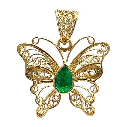 14K Yellow Gold Estate Filigree Butterfly Pendant w/1Pear Shape Emerald 1.8dwt