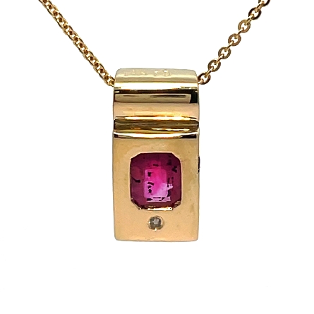 18K Yellow Gold Estate 18inch Chaind and Rectangular Ruby Pendant w/1 Diamond=.005apx SI I 1.8dwt