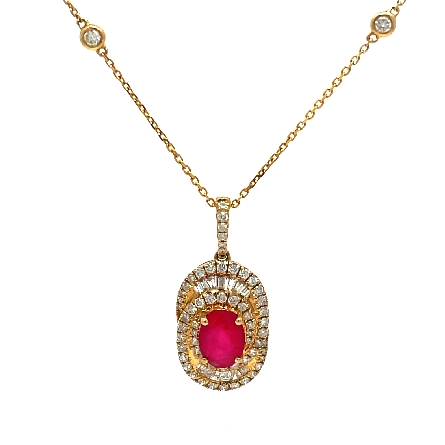 14K Yellow Gold Estate 16-18inch Chain and Cushion Shaped Pendant w/Ruby=1.38ct and Baguette Diamonds=.730apx VS-SI H-I and 62 Round Diamonds=.46apx I1-I2 G-H 2.5dwt