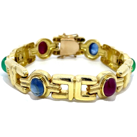 18K Yellow Gold Estate Cabochon Ruby; Sapphire and Emerald 7inch Bracelet 30.3dwt
