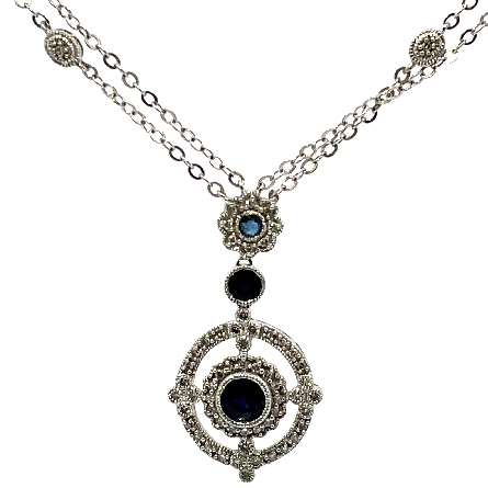 14K White Gold Estate Sapphire Double Halo and Double Chain 17inch Necklace w/61 Diams=.30apx SI2-I1 I-J 5.1dwt