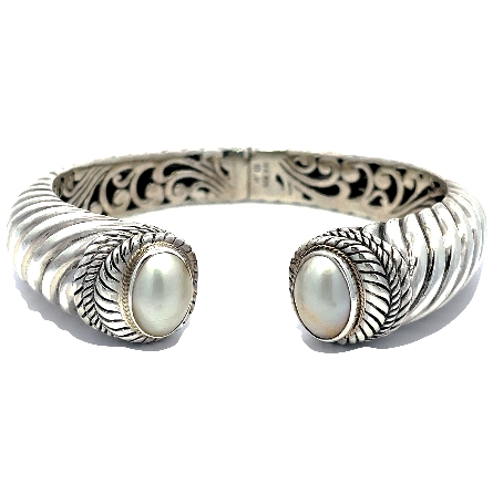 Sterling Silver and 18K Yellow Gold Estate Mabe Pearl Hinged Cuff Bangle Bracelet 40.4dwt