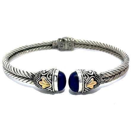 Sterling Silver and 18K Yellow Gold Estate Lapis Hinged Cuff Bangle Bracelet 15.0dwt