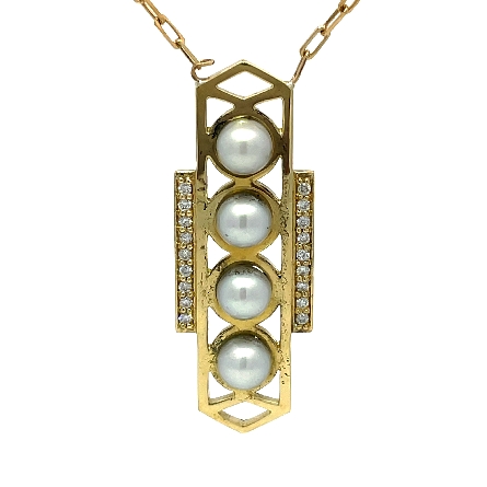 18K Yellow Gold Estate White Cultured Pearl Geometric 19inch Necklace w/Diamonds=.18apx SI1 G 6.10dwt