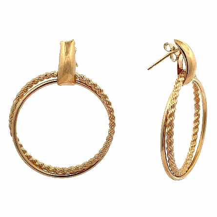 14K Yellow Gold Estate Post Back Polisehd and Braided Double Circle Dangle Earrings 2.1dwt