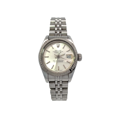 Stainless Steel and 18K White Gold Bezel Estate Rolex Datejust Oyster Perpetual Round Silver Dial Ladies Watch Serial#9565403 Model#69164 Year1987
