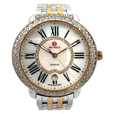 Stainless Steel and Yellow Plated Estate Michele Serein Ladies Watch w/Diams=.61apx and Mother-of-Pearl Dial HQ09031SS