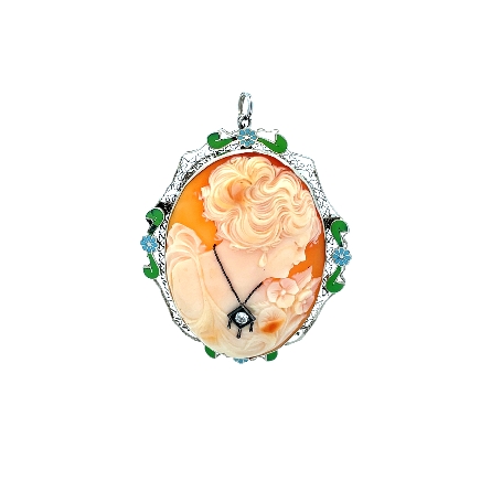 14K White Gold Estate Enamel Flower Frame Cameo...