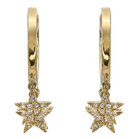 14K Yellow Gold Star Dangle Hoop Earrings w/54Diams=.11ctw #ME003961