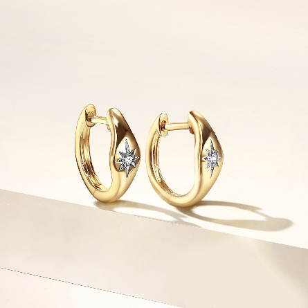 14K Yellow Gold Classic Starburst Huggie Hoop Earrings w/Diams=.03ctw SI2 H-I #EG14615Y45JJ (S2163951)