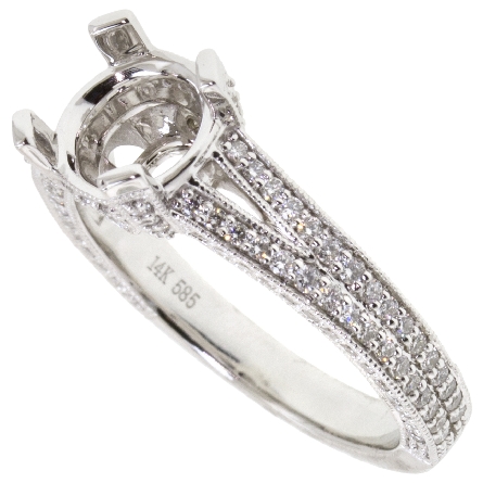 14K White Gold Milgrain Split Shank Engagement Ring Semi Mounting w/144Diams=.70ctw SI G-H for a 7.5mm Round Center Stone Size 6.5 #R11-110010