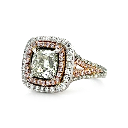 18K White Gold Double Cushion Halo Engagement Ring w/1 Cushion Diamond=1.76ct GIA#6173822504 Fancy Light Yellow Green and Fancy Pink and White Diams=1.50apx VS G-H Size6 #R4174