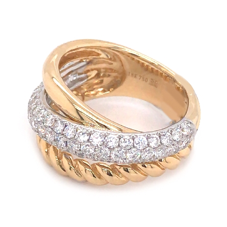 18K Yellow and White Gold 3Row Twist; Plain; Pave Crossover Band w/Diams=1.45ctw VS G-H Size 6.5 #RG27897