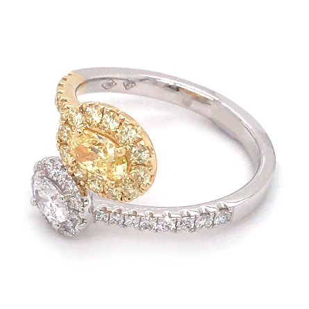 18K White and Yellow Gold Bypass Oval Halos Ring w/Natural Yellow Oval Diam=.39ct; Natural Yellow Diams=.31ctw; Oval Diam=.23ct and Round Diams=.20ctw VS G-H Size 6.5 #RG25992