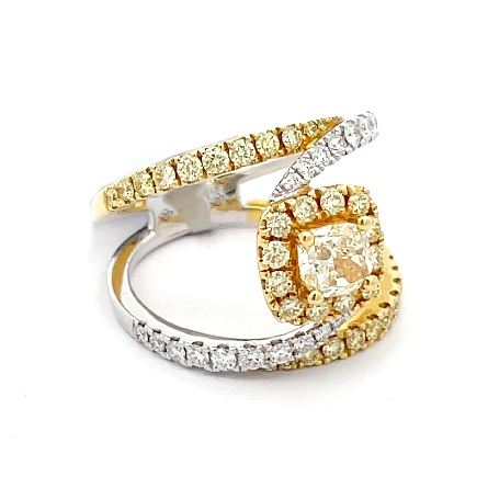 18K Yellow and White Gold Swirl Fashion Halo Ring w/1 Yellow Diam=.72ct Yellow Diams=.65ctw and Round Diamonds=.30ctw VS G-H Size 6.5 #RG24974