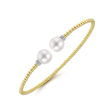 14K Yellow Gold Gabriel Bujukan 6inch Cultured Pearls Cuff Bangle Bracelet w/Diams=.05ctw #BG4247-6Y45PL (S1627711)