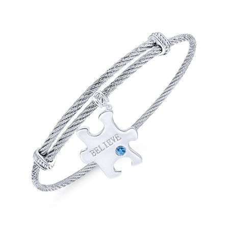 Stainless Steel and Sterling Silver Adjustable Dangle Autism Puzzle Piece Charm Bangle w/Swiss Blue Topaz=.08ct #BG3952MXJBT (S1235953)