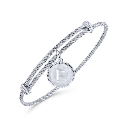 Sterling Silver and Stainless Steel Adjustable Bangle with Dangle Cutout Initial F Disc Charm #BG3632F-MXJJJ (S818392)
