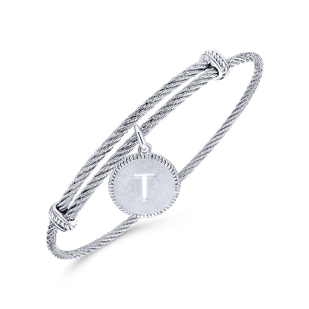 Sterling Silver and Stainless Steel Adjustable Bangle with Dangle Cutout Initial T Disc Charm #BG3632T-MXJJJ (S1404290)