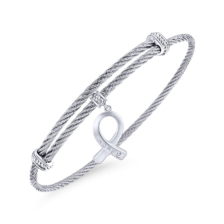 Stainless Steel and Sterling Silver Adjustable Dangle Ribbon Charm Bangle w/White Sapphire=.02ct #BG3947MXJWS (S1404286)