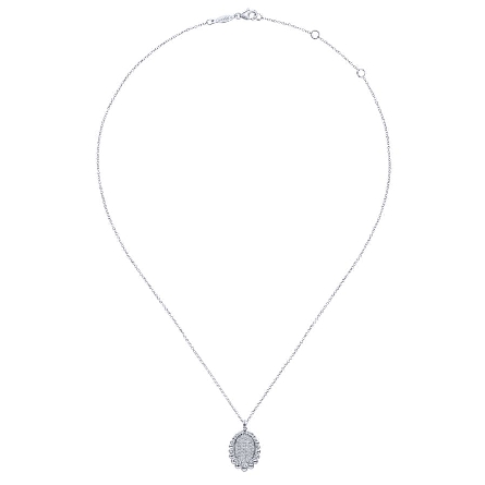 Sterling Silver Bujukan Pave Center Bead Edge Oval Pendant w/White Sapphire=.46ctw on 17.5inch Chain #NK6534SVJWS (S1408765)