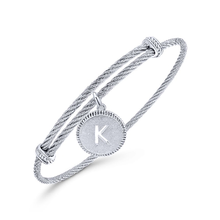 Sterling Silver and Stainless Steel Adjustable Bangle with Dangle Cutout Initial K Disc Charm #BG3632K-MXJJJ (S1567692)
