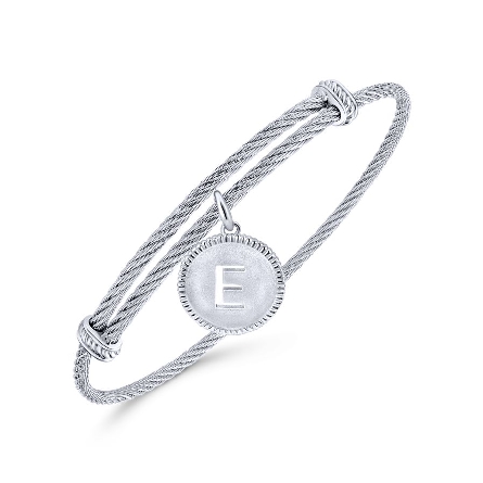 Sterling Silver and Stainless Steel Adjustable Bangle with Dangle Cutout Initial E Disc Charm #BG3632E-MXJJJ (S1637906)
