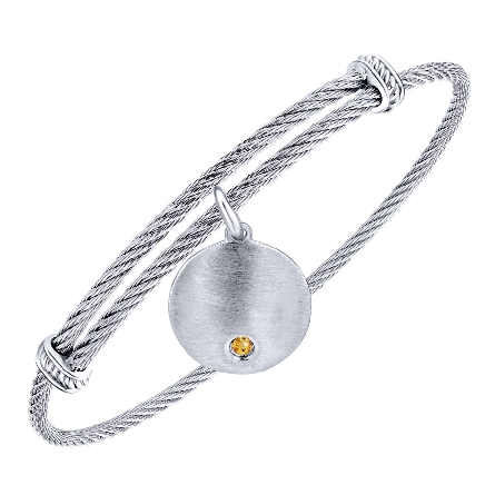 Stainless Steel and Sterling Silver Adjustable Dangle Brushed Disc Charm Bangle w/Citrine=.03ct #BG3573MXJCT (S1637909)