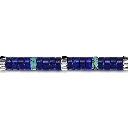 Sterling Silver Gabriel Mens Bujukan 8inch Cylinder Beads Bracelet w/Lapis=54.66tw and Turquoise=6.72tw #TBM2092SVJMC (S1740560)