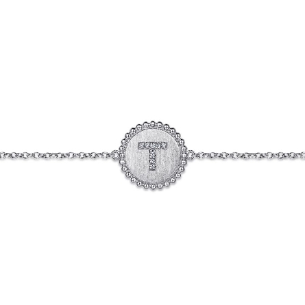 Sterling Silver Gabriel  Bujukan 7inch Bead Edge Disc Initial T Bracelet w/Diams=.03ctw #TB4644T-SV5JJ (S1801660)