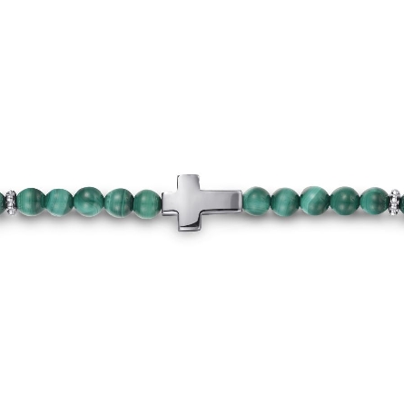Sterling Silver Mens 8inch Bead Cross Bracelet w/Malachite=26.25ctw #TBM4541SVJMA (S1800704)