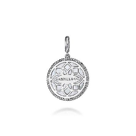 Sterling Silver Gabriel Bujukan 24mm Starburst Medallion Enhancer Pendant  (Chain not included) w/White Mother-of-Pearl=5.21ct; Blue Sapphire=.09ct and White Sapphire=.32tw #PT6639SVJMC (S2248584)