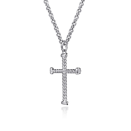 Sterling Silver Gabriel 22inch Twisted Rope Cross Pendant Necklace w/Black Spinel=.19ctw #NKM2102-22SVJBS (S2340142)
