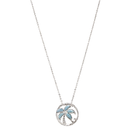 Sterling Silver Larimar and CZ Palm Tree in Circle Slide on 18-19inch Adjustable Chain Alamea#965-81-01