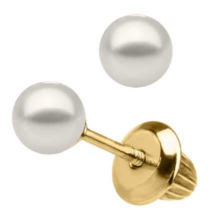 14K Yellow Gold Childs Baby Bell Screw Back 4mm Cultured Pearl Stud Earrings #GE212