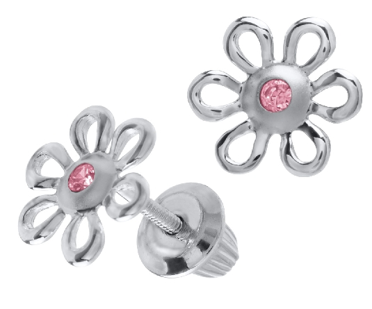 Sterling Silver Childs Pink CZ Flower Screw Back Earrings #ES383