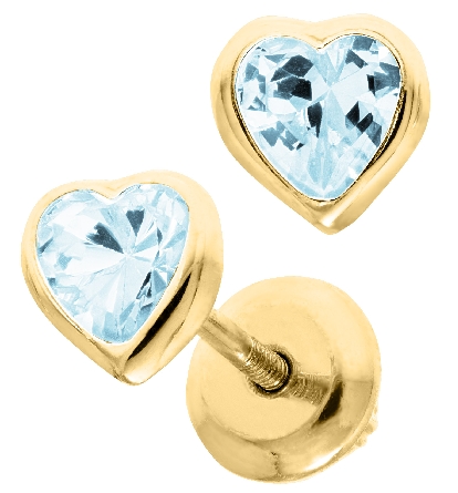 14K Yellow Gold Childs Turquoise-Blue CZ March Birthstone Bezel Heart Screw Back Earrings #GE43312