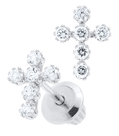 14K White Gold CZ Cross Earrings #GEW362