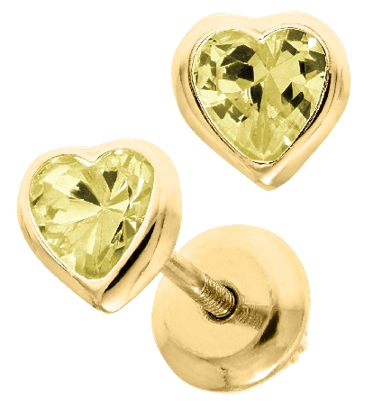 14K Yellow Gold Childs Yellow CZ March Birthstone Bezel Heart Screw Back Earrings #GE43311