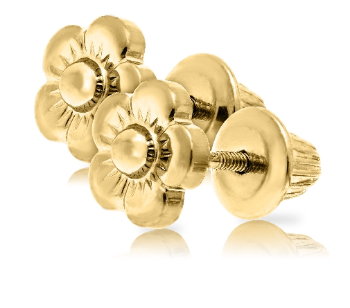 14K Yellow Gold Screw Back Flower Childs Earrings #GE207