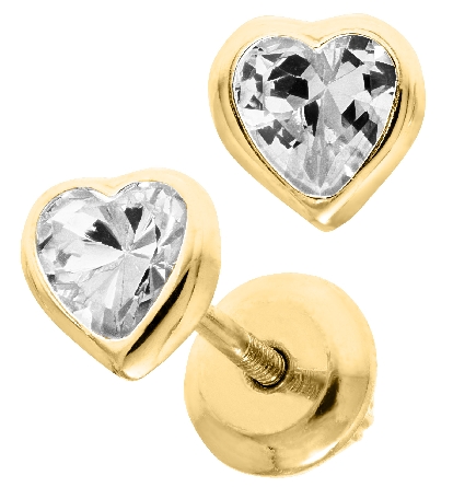 14K Yellow Gold Childs Clear CZ April Birthstone Bezel Heart Screw Back Earrings #GE43304