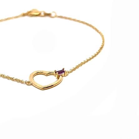 14K Yellow Gold Adjustable 7-7.5inch Heart Station Bracelet w/Amethyst #C16232-07