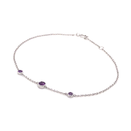 14K White Gold 6.5-7inch Adjustable Round Bezels Bracelet w/1Amethyst=.11ct and 2Amethyst=.06ctw  #55879AM4
