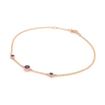14K Yellow Gold 6.5-7inch Adjustable Round Bezels Bracelet w/1Amethyst=.11ct and 2Amethyst=.06ctw #55879AM4