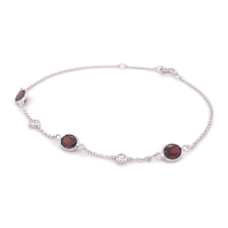 14K White Gold 6.5-7inch Adjustable Bezels Bracelet w/3Garnet=1.29ct and 2Diams=.07ctw SI H-I #55924GA1